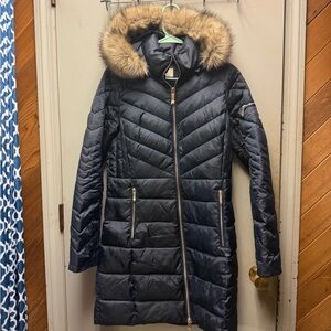 Michael Kors Navy Blue Puffer Jacket with Faux Fur Hood